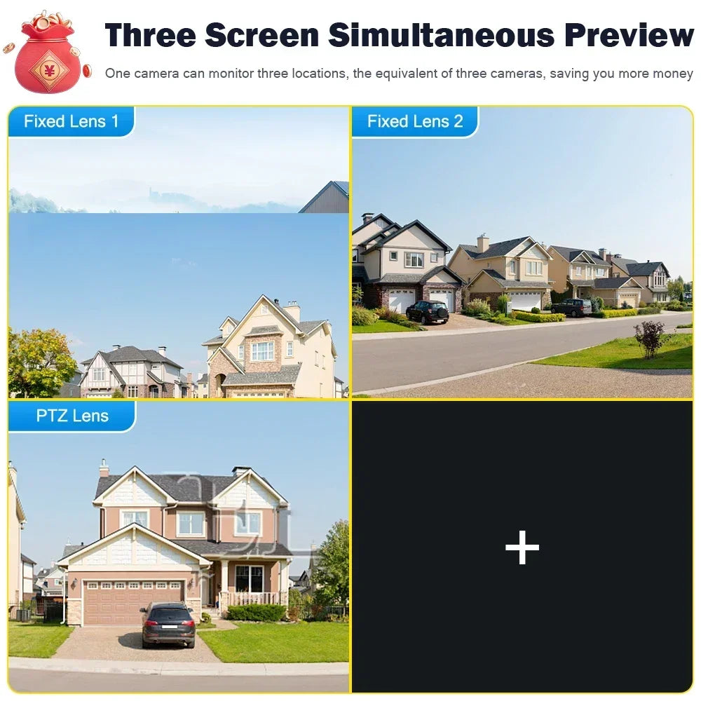 Açık Hava WIFI Kamera Otomatik Takip Akıllı Alarm Üç Lens Üç Ekran Su Geçirmez 6K PTZ Video Gözetim CCTV
