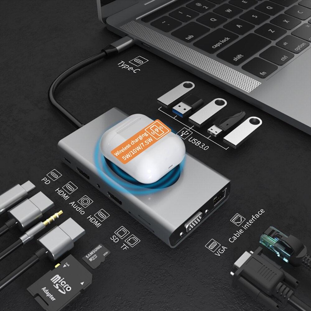 atongm USB C HUB tipi C HDMI uyumlu Dock istasyonu USB HUB kablosuz şarj cihazı USB 3.0 HUB için MacBook Pro hava Laptop PC aksesuarları - atongm Turkiye