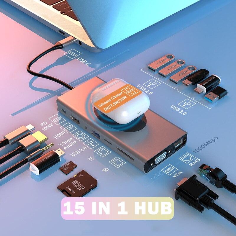 atongm USB C HUB tipi C HDMI uyumlu Dock istasyonu USB HUB kablosuz şarj cihazı USB 3.0 HUB için MacBook Pro hava Laptop PC aksesuarları - atongm Turkiye